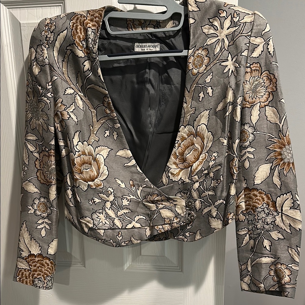Vintage Giorgio Armani Women's Floral Jacket - Gray and Brown size 38